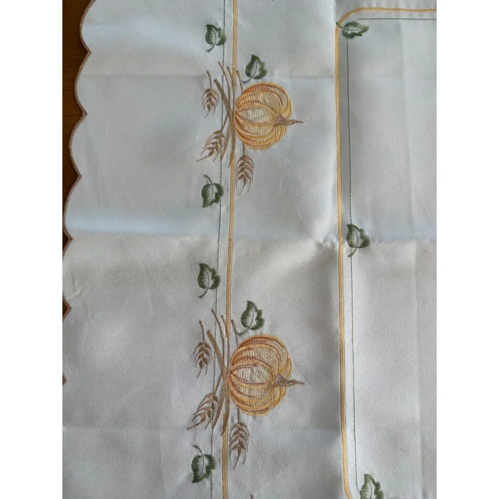 White Square Pumpkin Embroidered Tablecloth Scalloped Edge Harvest Fall Decor